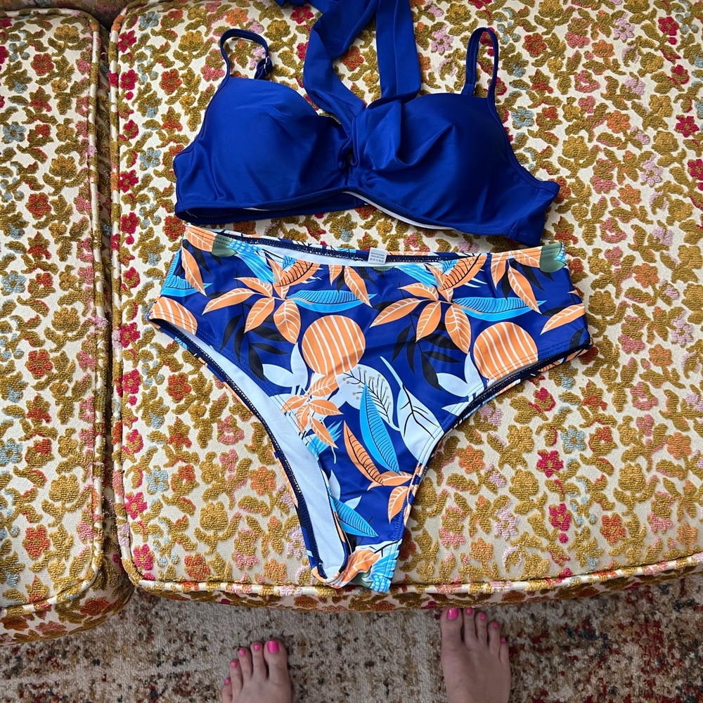 Blue High-Waist Floral Bikini Set